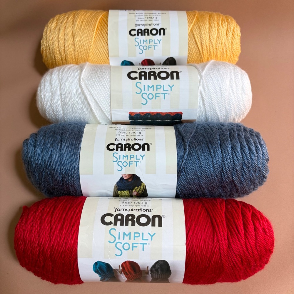 Caron Simply Soft Yarn 4 Skeins Harvest Red Country Blue Sunshine White Worsted